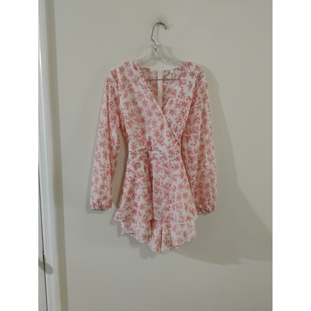 Fashion Classic Pink Floral Long Sleeve Surplice Romper with Tie Back Size M